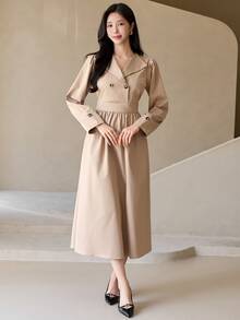 DAZY Women's Solid Color Double-Breasted Puff Long Sleeve Elegant Mid-Length Dress Fall - Apricot - View 6