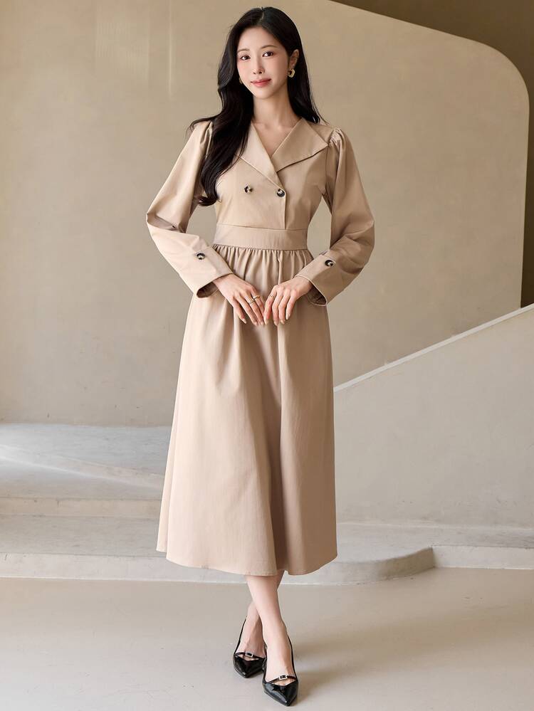 DAZY 女款素色雙排扣泡泡長袖優雅中長洋裝 秋季 - 杏色 - 查看 6