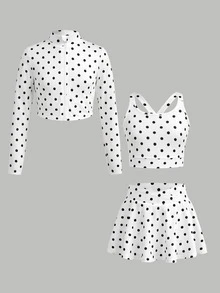 SHEIN Girlism 青少年女孩運動服波點印花針織長袖半拉鍊小立領上衣、背心與裙子3件套 - 黑與白 - 查看 3