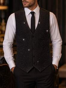 Manfinity AFTRDRK Men's Rhinestone V-Neck Single-Breasted Business Suit Vest - Multicolor - View 3