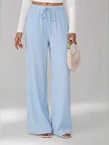 SHEIN Tall Loose Drawstring Waist Trousers In Textured Crinkle Fabric - Sky Blue - View 5
