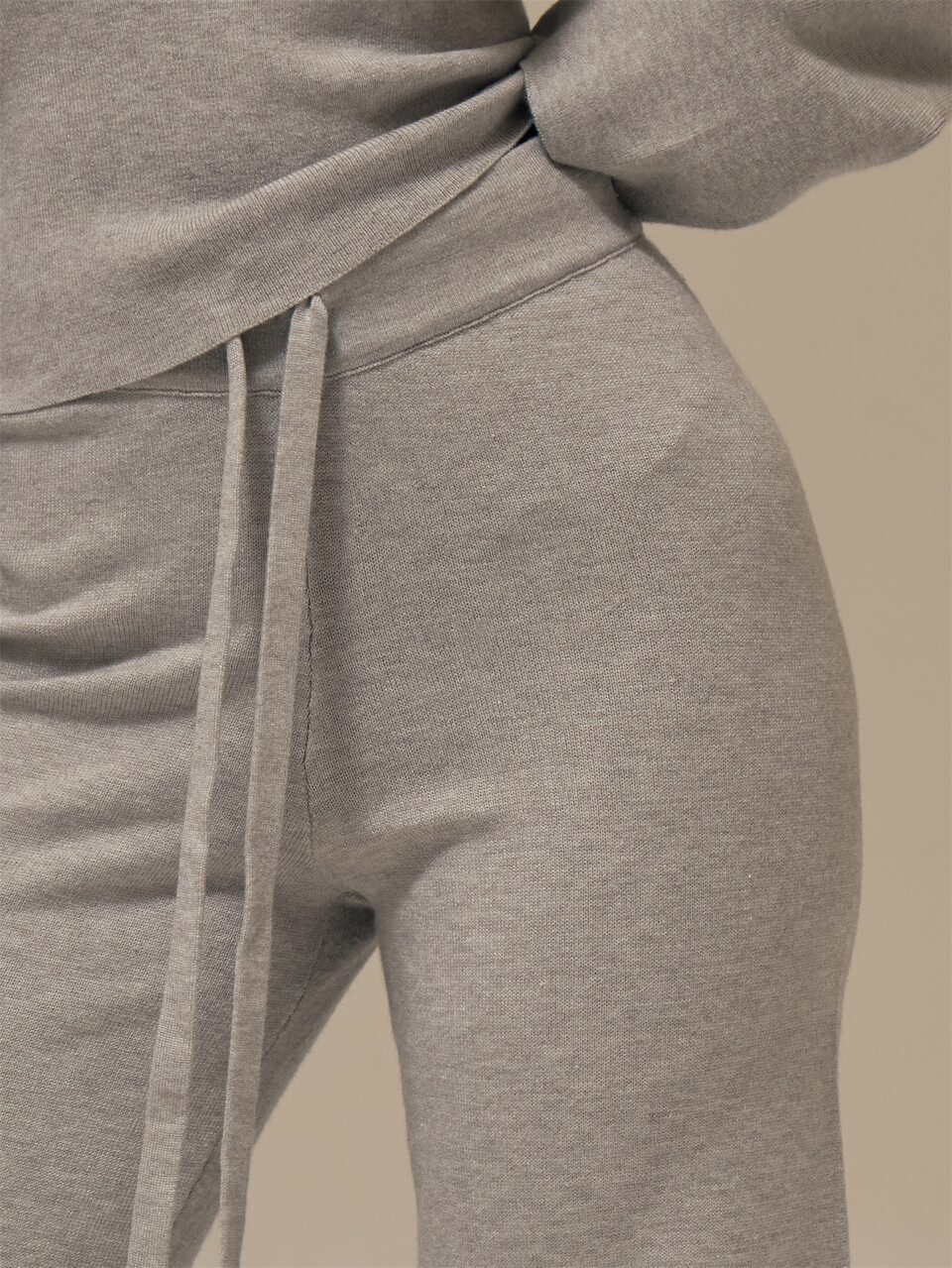 Marl Grey Self-Tie Drawstring Ribbed Elastic Waistband Wide Leg Full Length Knitwear Trousers
