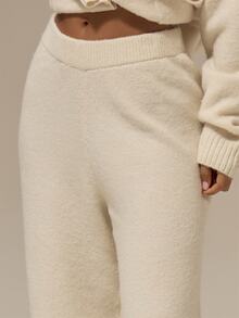 MUSERA ESSENTIALS Off White Fluffy Knit Deep Ribbed Waistband Seamless Front Panel Wide Leg Relaxed Fit Trousers Fall Autumn Winter Christmas - Cream - View 5