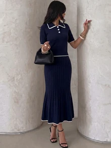 Modelyn POLO Collar Button-Up Slim Fit Waist-Cinching Navy Blue Short Sleeve 2 Pieces Knit Sweater Set - Royal Blue - View 5