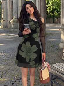 Modelyn 網格印花不對稱領口百褶優雅性感夏季女款洋裝 - 軍綠色 - 查看 5