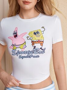 SpongeBob SquarePants | SHEIN Women's Round Neck Short Sleeve T-Shirt And Striped Shorts Set - Blue and White - View 4