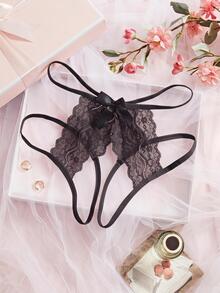 Spicy Aura 1pc Women's Lace Bow Open Crotch Panties - Black - View 2