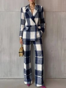 SHEIN 女款格紋長袖夾克與長褲休閒通勤套裝 - 彩色 - 查看 2