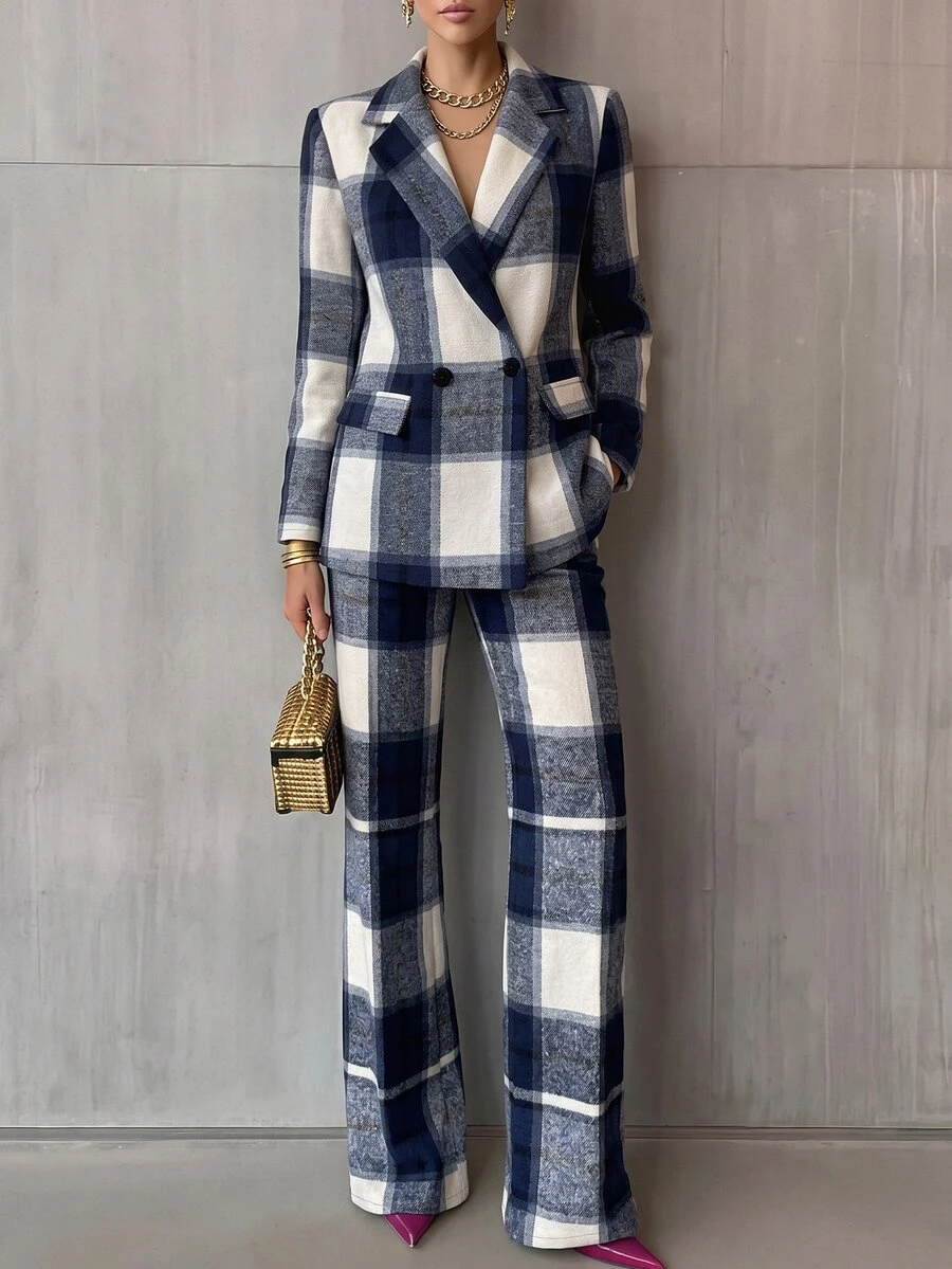 SHEIN 女款格紋長袖夾克與長褲休閒通勤套裝