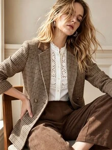 SHEIN 女款千鳥格翻領長袖夾克與長褲套裝 - 咖啡棕 - 查看 1