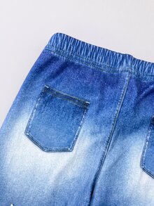 SHEIN 女嬰字母與愛心印花休閒長褲 - 藍色 - 查看 3