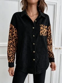 SHEIN LUNE Women's Black And White Leopard Print Colorblock Patchwork Shirt Vintage Casual Loose Drop Shoulder Lapel Single-Breasted Cardigan Top Fall - Multicolor - View 4