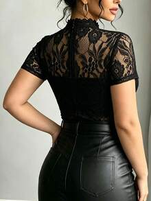 Breezaya Women's Elegant Lace Patchwork Stand Collar Slim Fit Short Sleeve Commuter Blouse - Black - View 2