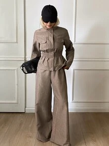 DAZY طقم نسائي كاجوال من قطعتين بلون موحد، جاكيت بسحاب وأكمام طويلة وبنطال، للعمل والمكتب، لون رمادي داكن، خريف - كاكي - مشاهدة 5