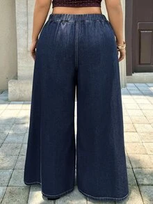Rivivi Plus Size Women Non-Stretch Denim Straight Leg Pants With Metal Button Decor, Cowboy Outfits For Women - Dark Wash - View 2