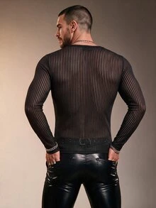 ZURIURI Men's Casual Sheer Long Sleeve T-Shirt - Black - View 2