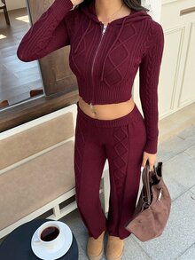 Autumina Women's Fashion Versatile 2 Pieces Set, Cropped Hooded Cardigan & Knit Pants, Casual Commute - Burgundy - View 4