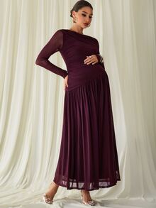 MaterniChic Elegant Purple Maternity Dress With Shoulder Pleats Elegant Fall Chic - Purple - View 3