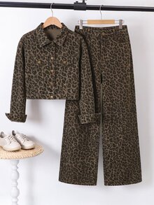 SHEIN 青少年女孩豹紋夾克與牛仔褲套裝 - 棕色 - 查看 2