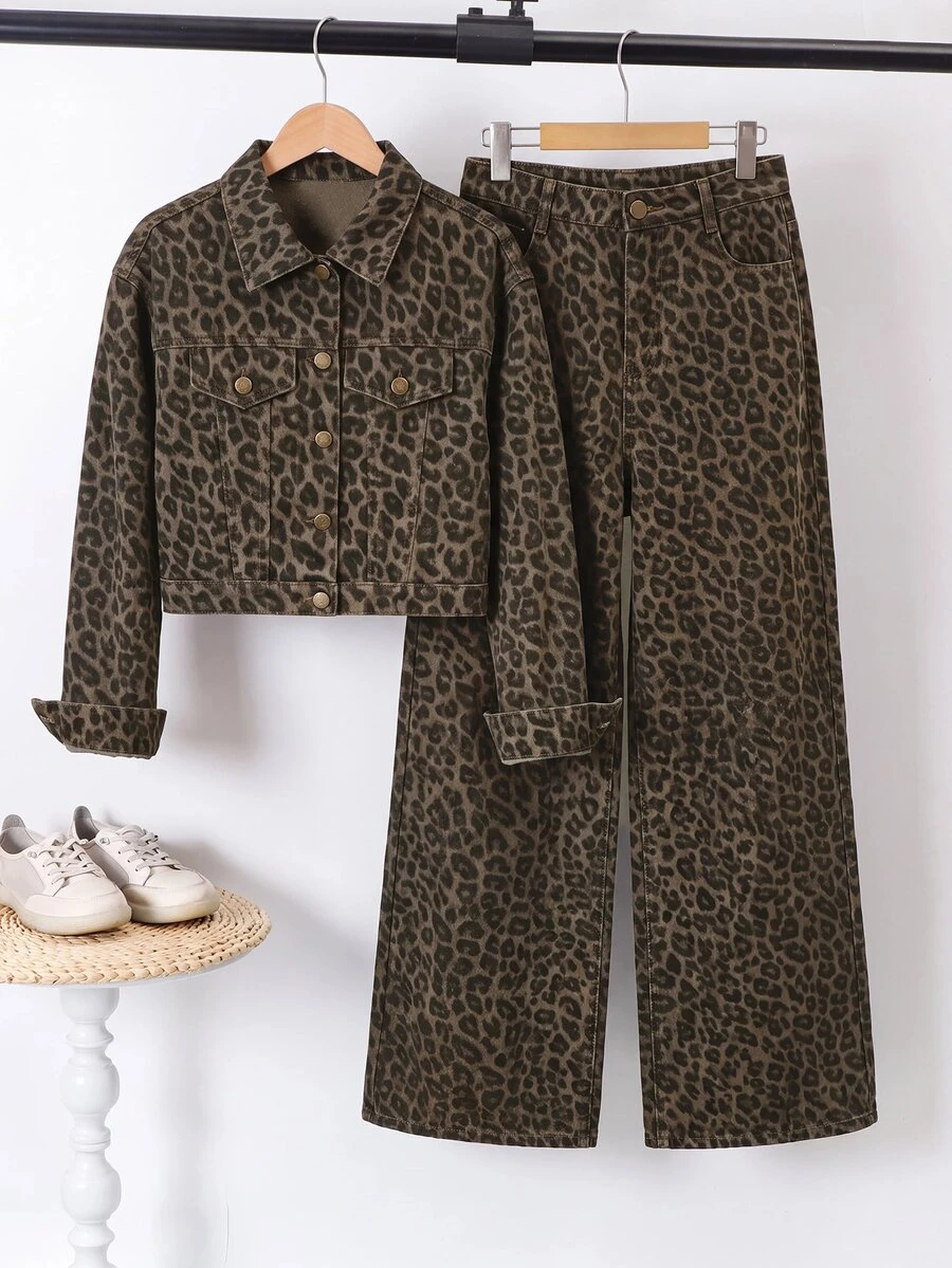 SHEIN Teen Girl Leopard Print Jacket & Jeans Set - Brown - View 1