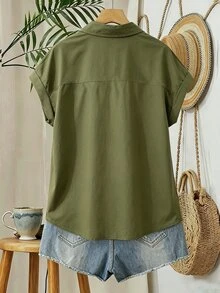 Franclia Plus Size Contrast Color Vertical Striped Turn-Down Collar Rolled Hem Short Sleeve Shirt - Army Green - View 2