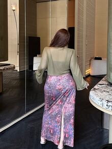 Vibekara Fitted Mesh Short Jacket & Printed Dress Set Fall - Brown - View 3