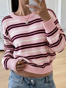 SHEIN 少女秋冬休閒居家條紋撞色領口套頭鬆垮落肩長袖針織衫 - 彩色 - 查看 7
