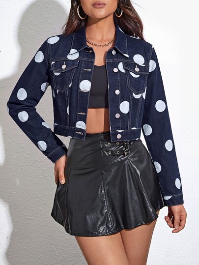 Flexra Women's Polka Dot Casual Versatile Everyday Denim Jacket