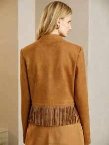 SHEIN Women's Jacket Short H-Line Soft Brushed Rhinestone Fringe Hem Multi-Button Stand Collar Commuting Vintage Brown Solid Western Outfits For Women Fall - Brown - View 4