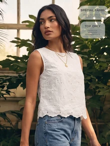 CAJUNI Women's Hollow Embroidery Round Neck Casual Sleeveless Top For Vacation - White - View 7