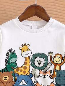 Young Boy Long Sleeve Crew Neck Sweatshirt, Classic Handsome Cute Cartoon Hand-Drawn Animal Meeting Pattern Print, Monkey, Zebra, Hippo, Lion, Tiger, Giraffe, Rhino Hand-Drawn Cartoon Image Print, Suitable For Autumn/Winter - Multicolor - View 4