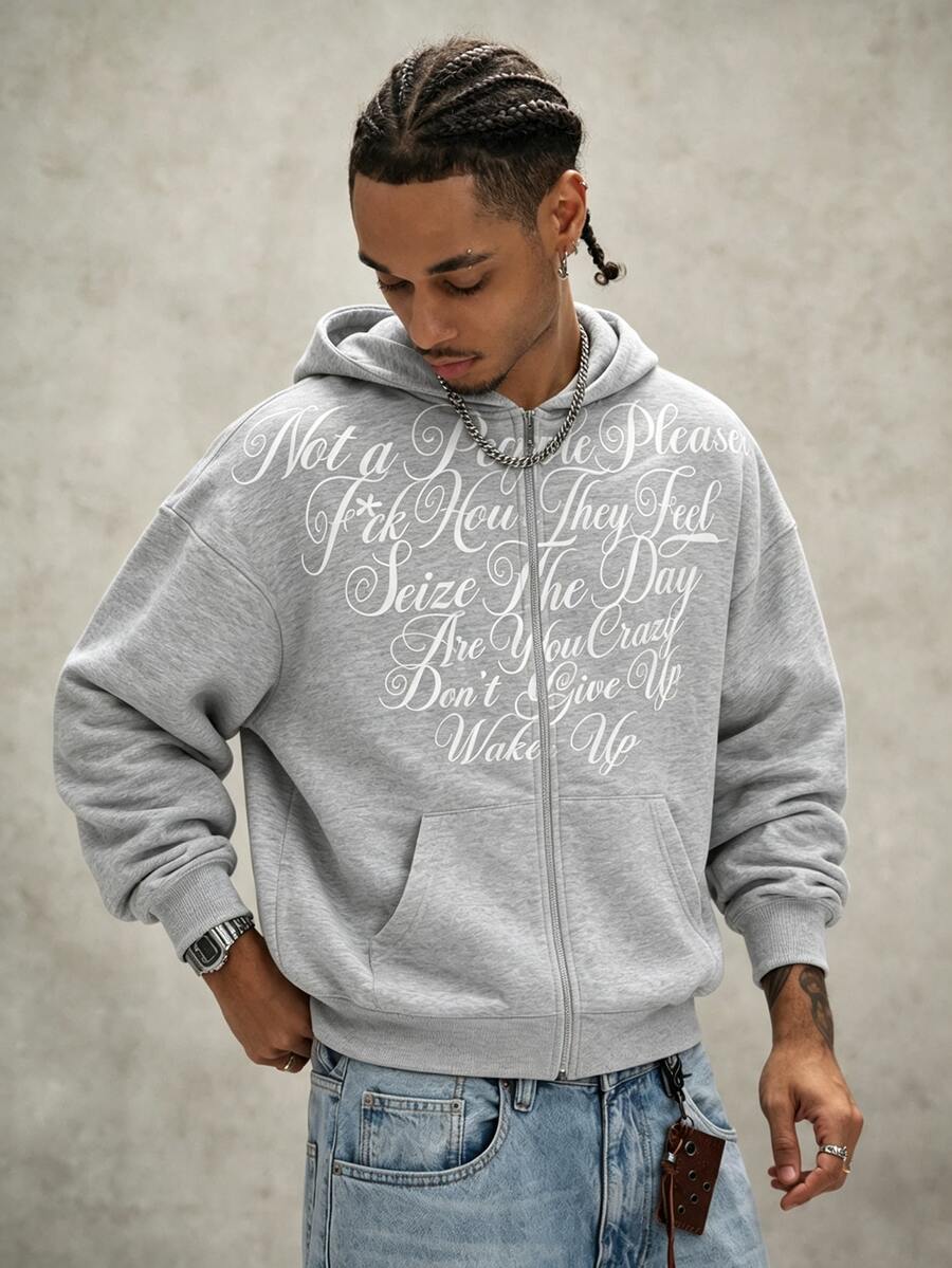 PAVTROS Men's Letter Print Long Sleeve Zip-Up Casual Hoodie - Grey - View 1