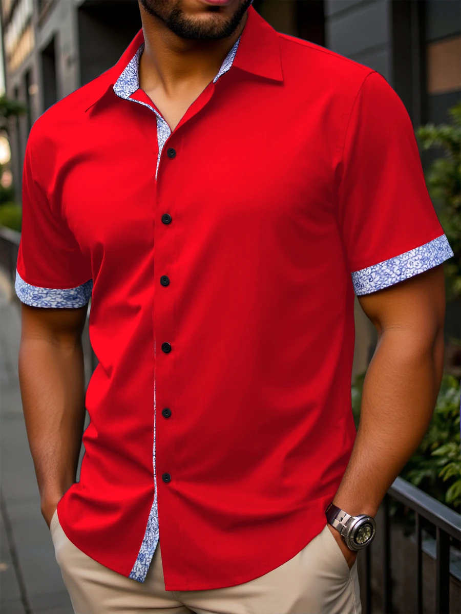 Manfinity Homme Men's Plus Size Patchwork Floral Print Short Sleeve Shirt - Red - View 1