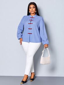 SOLERSUN Plus Size Women's Fashion Casual Shirt, Long Sleeve Lantern Sleeve Stand Collar Button-Up Chinese Style Red Frog Button Blouse, Blue Fine Striped Fabric, Suitable For Daily Wear, Holiday, Commuting - Blue - View 6