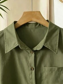 Franclia Plus Size Contrast Color Vertical Striped Turn-Down Collar Rolled Hem Short Sleeve Shirt - Army Green - View 4
