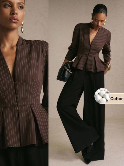 Poéselle Women Elegant Cotton Striped Button Long‑Sleeve Blazer, Back‑To‑School Business Casual All‑Season Piece For Daily Street Date Looks
