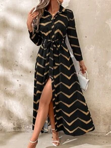 SHEIN Clasi 女款優雅金色長版襯衫洋裝，適合黑金配色正式晚宴、晚會、派對及正式場合，秋冬穿著 - 彩色 - 查看 9