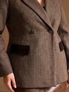 MOTF PREMIUM PLUS SIZE HERRINGBONE PEAK LAPEL DOUBLE BREASTED BLAZER WINTER - Brown - View 2