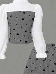 SHEIN 青少年女孩 2 件套秋季襯衫領拼接蝴蝶結印花布料學院風 2 合 1 開襟泡泡長袖收腰上衣搭配 3D 蝴蝶結裝飾百褶裙，適合日常、開學季、通勤、旅行 - 灰色 - 查看 5