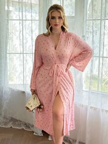 CottageSlumber Plus Size Women's Knit Ditsy Floral Tie-Front Robe - Dusty Pink - View 8