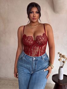 Firerie Plus Size Sexy Lace Boning Slim Fit Bodysuit For Hot Girls - Burgundy - View 3