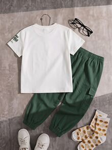 Tween Boy Letter Print Kids Short Sleeve T-Shirt And Long Pants Casual Daily Outfit - Multicolor - View 2
