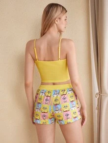 SpongeBob SquarePants | SHEIN طقم بيجامة نسائي بطبعة كرتونية كاميسول وشورت - أصفر - مشاهدة 2