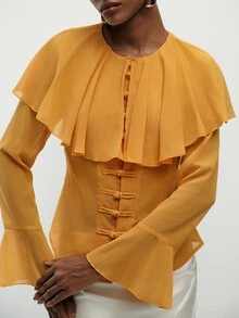 Aveloria Modichic Blus Wanita Lengan Panjang Elegan Warna Kuning Keemasan Polos Bahan Chiffon dengan Kerah Syal, Kancing Katak Cina, Manset Bergelombang, dan Pinggang Terikat, Cocok untuk Acara Brunch di Musim Panas. - Kuning - View 2
