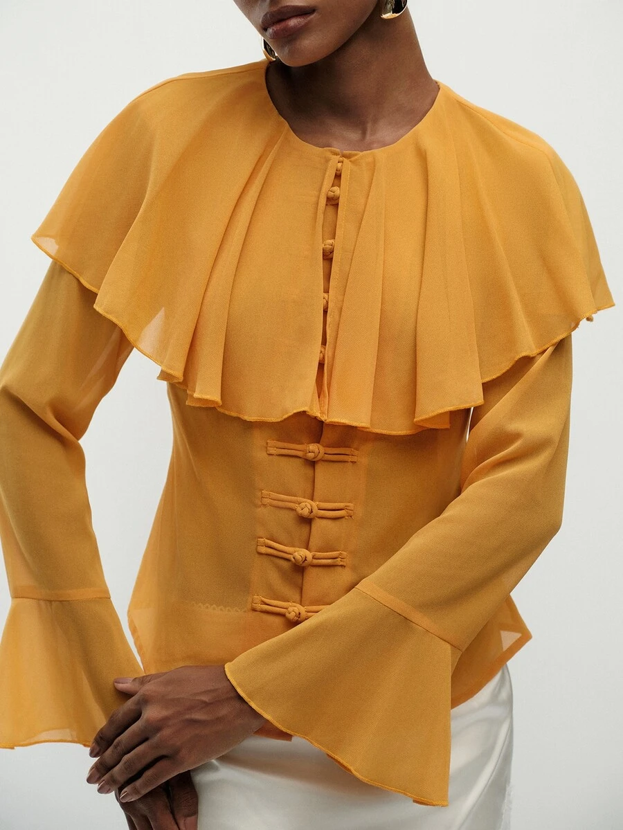 Aveloria Modichic Blus Wanita Lengan Panjang Elegan Warna Kuning Keemasan Polos Bahan Chiffon dengan Kerah Syal, Kancing Katak Cina, Manset Bergelombang, dan Pinggang Terikat, Cocok untuk Acara Brunch di Musim Panas.