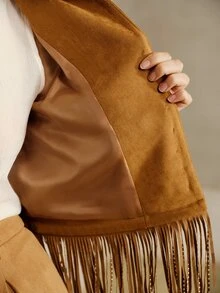 SHEIN Women's Jacket Short H-Line Soft Brushed Rhinestone Fringe Hem Multi-Button Stand Collar Commuting Vintage Brown Solid Western Outfits For Women Fall - Brown - View 8