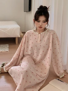 Dazy Plus Bow Print All-Over Floral Loose Casual Long Sleeve Cute Pajama Dress For Girls, Spring/Autumn - Pink - View 9