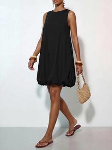 Zivah Women's Solid Color Round Neck Sleeveless Pocket Bud Casual Mini Dress - Black - View 3