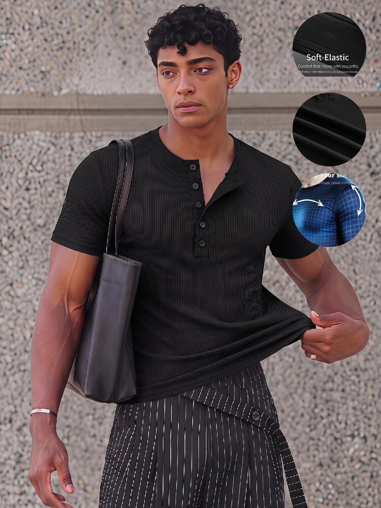NORVETH Men's Summer Casual Slim Fit Crew Neck Short Sleeve Black T-Shirt With Buttons - Black - View 2