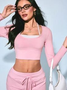 Sovereign Charm Sovereign Charm Women's 2 Pieces Long Sleeve Cropped T-Shirt And Pants Sports Set - Pink - View 6